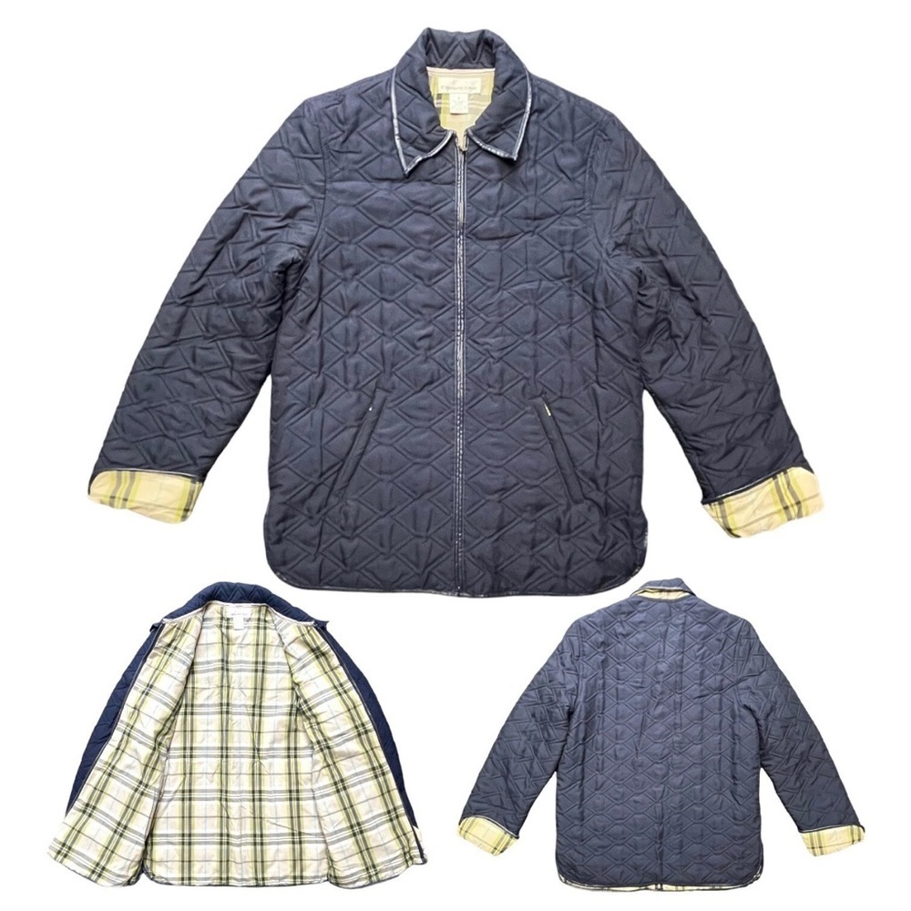 Navy Quilted Barn Jacket Leather Trim Plaid Interior Timeless Preppy Classic